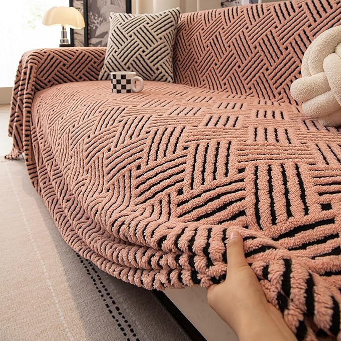 ROOMLIFE Striped Boho Pink Couch Cover for 2-3 Cushion Sofa, Fuzzy Plush Warm Sofa Slipcovers Sectional Sofas Covers, Non Slip Washable Furniture Protector Soft with Tassel,Winter 71''X134”