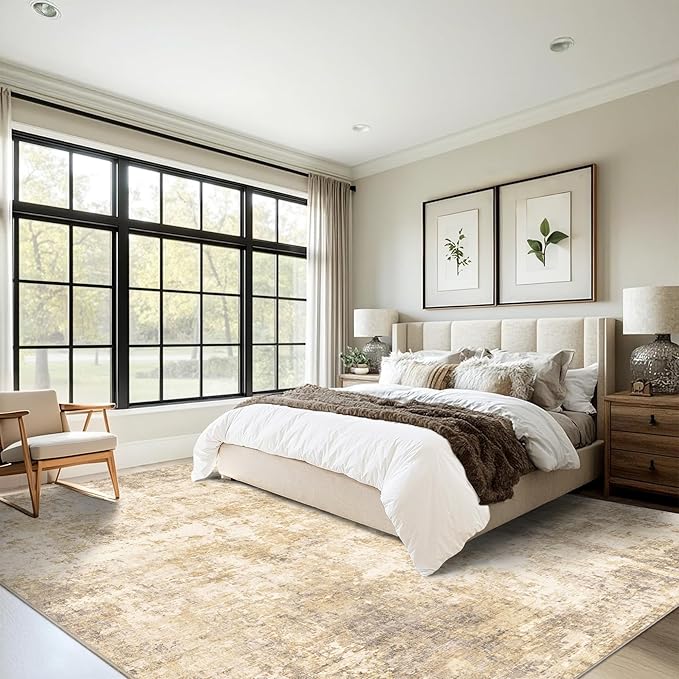 8x10 Modern Abstract Rug Washable Area Rugs for Living Room Bedroom Dining Room Non-Slip Low Pile Neutral Large Rug Soft Indoor Floor Carpet, Gold