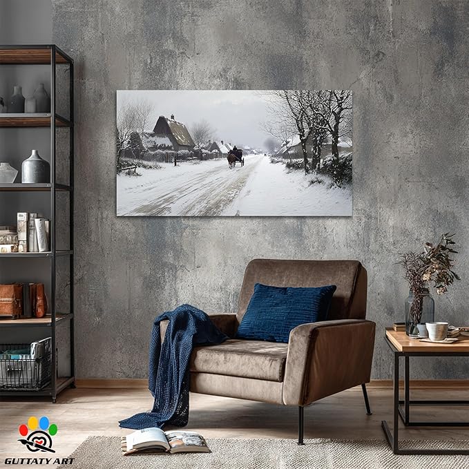 GUTTATY Christmas Winter Scene Canvas Wall Art, Countryside Snow Pictures, Rustic Wall Decor with Horse Carriage, Serene Canvas Painting for Living Room, Bedroom, Holiday Home Decor, 60x30 Inch
