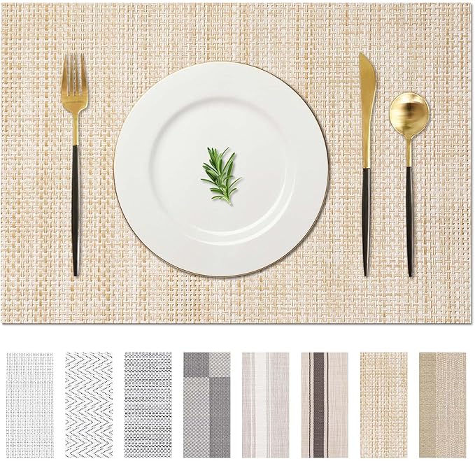 AHHFSMEI Placemats for Dining Table Set of 6 Woven Vinyl Plastic Place Mats Non-Slip Heat Insulation Stain Resistant Table Mats Washable Easy Clean Placemats (Linen Beige)