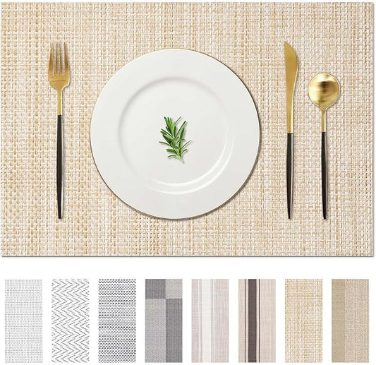 AHHFSMEI Placemats for Dining Table Set of 4 Woven Vinyl Plastic Place Mats Non-Slip Heat Insulation Stain Resistant Table Mats Washable Easy Clean Placemats (Linen Beige 4)