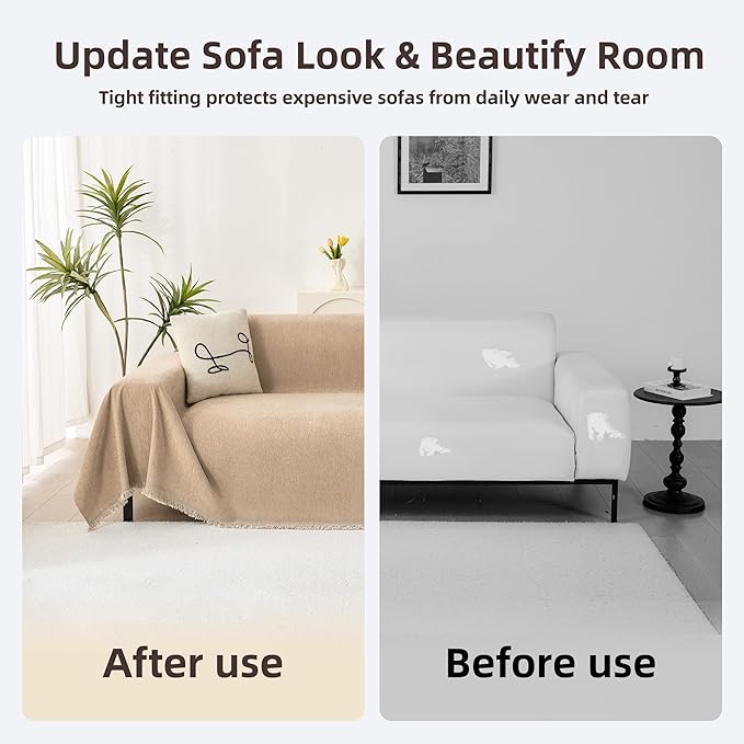 Couch Cover for 3 Cushion Couch Chenille Sofa Cover Sectional Couch Covers, Couch Cover for Dogs Washable, Soft Non-Slip Sofa Slipcover Sofa Protector Futon Cover, 71''x134'', Khaki