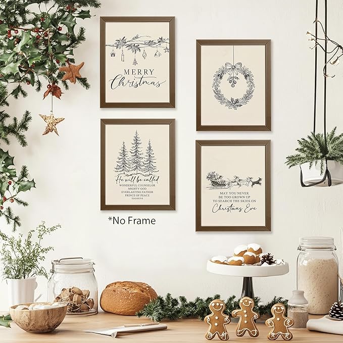 EHIE Vintage Christian Christmas Bible Poster Prints for Home Living Room Kitchen Bathroom Office, Winter Xmas Poster Prints, Vintage Festive Decorations Poster, Unframed Xmas Home Decor 8x10 inch