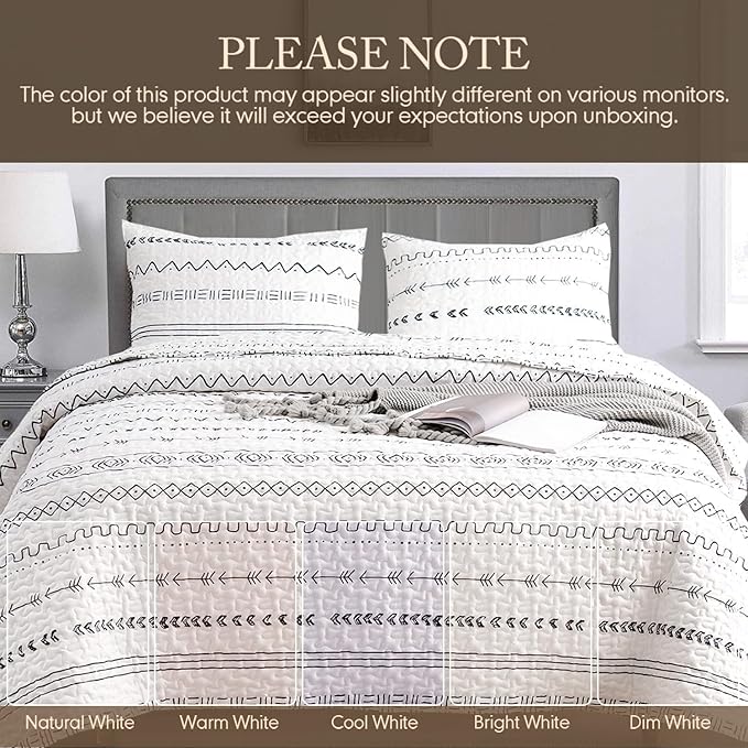 DURLENGEN White Quilt Set King Size 3Pcs,Bohemian Design with White & Black Geometric Pattern Printed on White, All Season Lightweight Bedspread Coverlet Sets(King 106x96,Boho White)