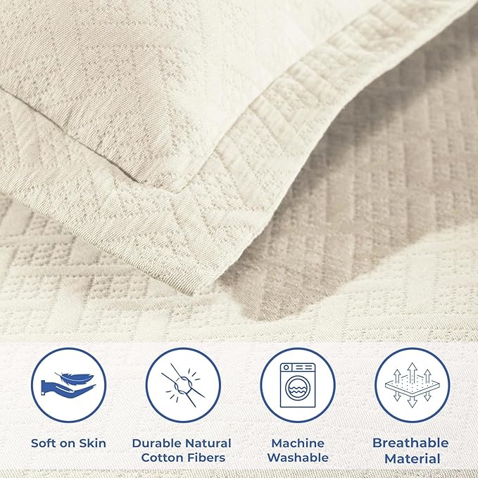 Superior 100% Cotton Basket Weave Bedspread with Shams, All-Season Premium Cotton Matelasse Jacquard Bedding, Quilted-Look Geometric Basket, King, Ivory