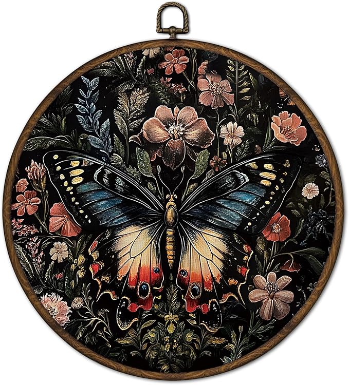 cvjutf Witchy Butterfly Floral Wall Art Decor Framed, Vinatge Moth Botanical Round Wall Decor, Dark Moody Butterfly Canvas Prints Art for Bathroom Bedroom Living Room, 10x10 Inch