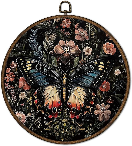 cvjutf Witchy Butterfly Floral Wall Art Decor Framed, Vinatge Moth Botanical Round Wall Decor, Dark Moody Butterfly Canvas Prints Art for Bathroom Bedroom Living Room, 10x10 Inch