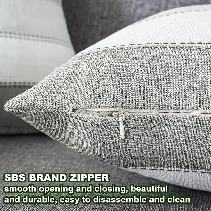 AmHoo Pack of 2 Farmhouse Stripe Check Throw Pillow Covers Set Case Cotton Linen Decorative Pillowcases Cushion Cover for Couch Bench Sofa 24x24Inch Dark Grey Beige