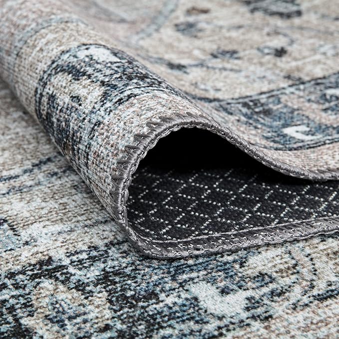Bloom Rugs Washable Non-Slip 10 ft Runner - Pebble Gray/Blue Traditional Medallion Runner for Entryway, Hallway, Bathroom, and Kitchen - Exact Size: 2.5' x 10'