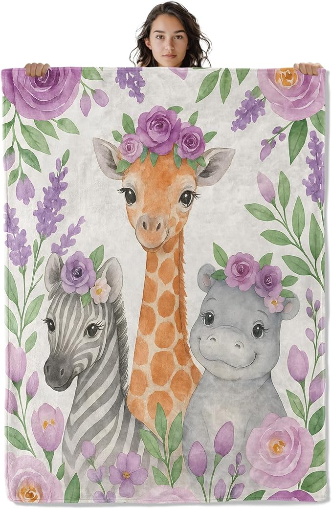 Cute Giraffe, Hippo and Zebra Blanket, Watercolor Floral 80 x 60 Inch Flannel Throw Blanket, Gifts for Women Kids, Lightweight Cozy Warm Blankets for Sofa Travel Home Decor