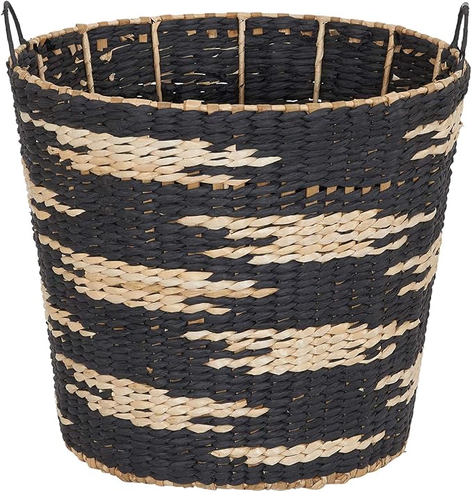 Household Essentials Large Round Woven Wicker Storage Basket with Handles | Black and Brown Geometic Design