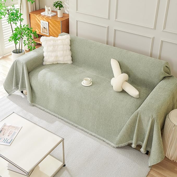 DREAMINGO Sofa Covers Washable Thick Chenille Couch Cover for 3 Cushion Couch Sofa Multi-Use Couch Cover Blanket Modern Pet Furniture Protector Sectional Couch Slipcover 71"x134", Sage Green