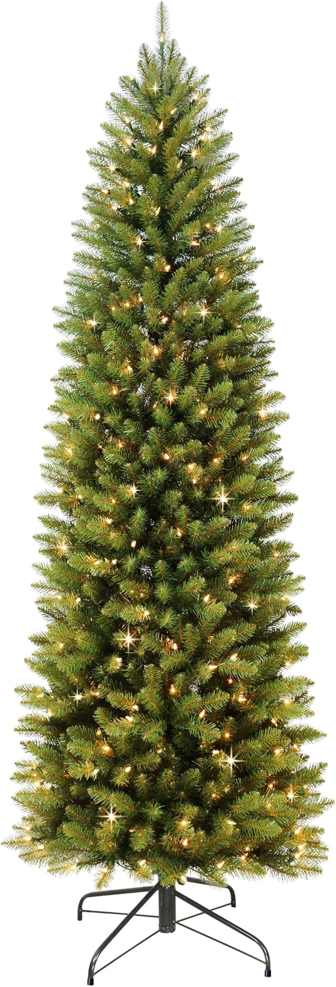 Puleo International 6.5ft Pre-Lit Slim Fraser Fir Christmas Tree with 350 Clear Lights, 1125 Realistic Dense Branch Tips, Easy Setup Artificial Trees with Sturdy Metal Stand