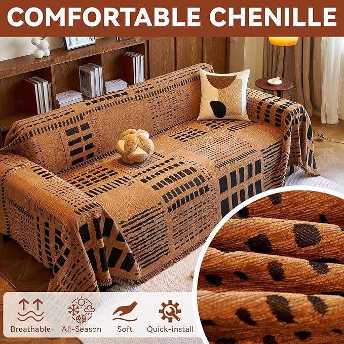 VClife Boho Sofa Cover Black Checkered Couch Cover for 2 Cushion Couch Sofa Chenille Sofa Couch Cover Loveseat Cover, Luxury Pumpkin Couch Sofa Cover for Dog, Anti-Slip, Breathable, Thick