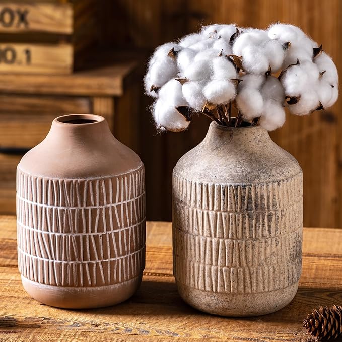 Ceramic Rustic Farmhouse Vase, Boho Pottery Flower vase for Home Decor, Living Room,Entryway, Shelf Decor, Mantel, 7.6 Inch