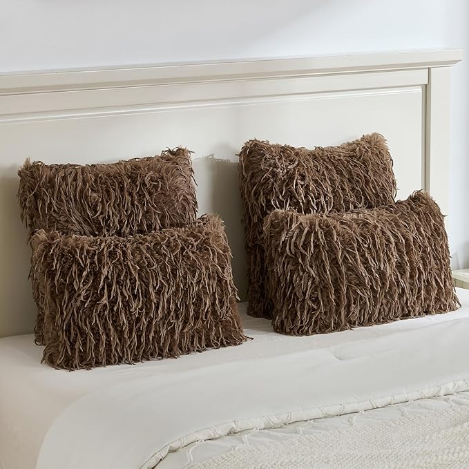 FUTEI Brown Decorative Throw Pillow Covers 12x20 Inch Set of 2,Soft Fluffy Faux Feather Texture Lumbar Pillow Cases,Modern Home Luxury Decor for Couch Bed Living Room