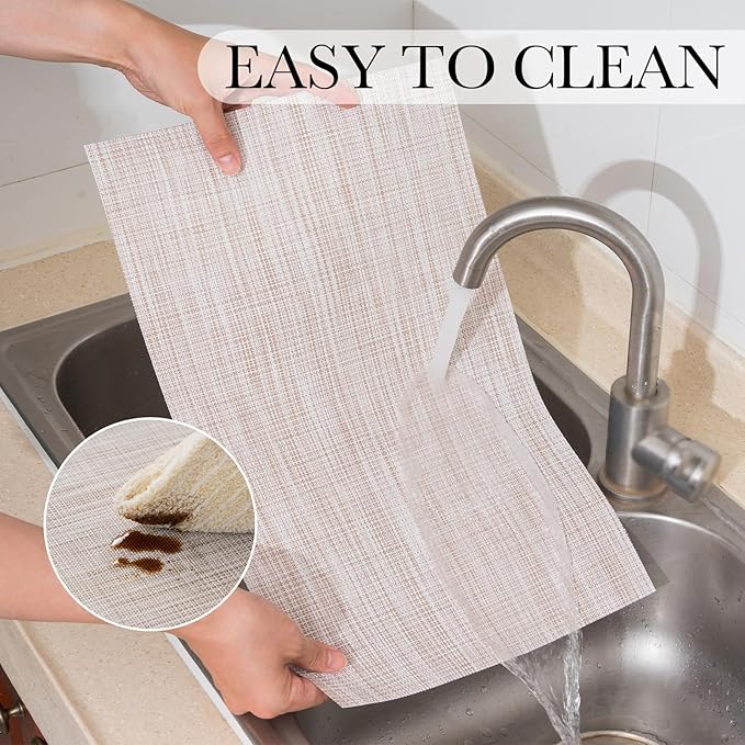 BACKTOEDEN Placemats Set of 8 Heat Resistant Washable Wipeable Placemat Woven Non-Slip Foldable Vinyl/Plastic Place Mats Indoor/Outdoor Mat Kitchen Dining Table Pad, Beige