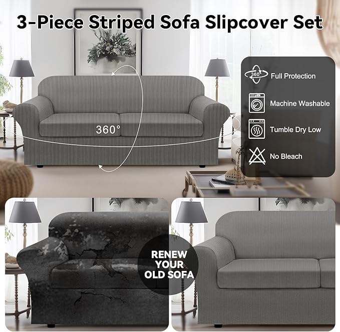 100% WaterproofCouch Cover 3-Piece Set Striped Sofa Slipcovers for 2 Cushion Couch Sofa Covers with TPU Leakproof Bottom Stretch Couch Protector Pet Proof - Sofa(2-Cushion), Gray