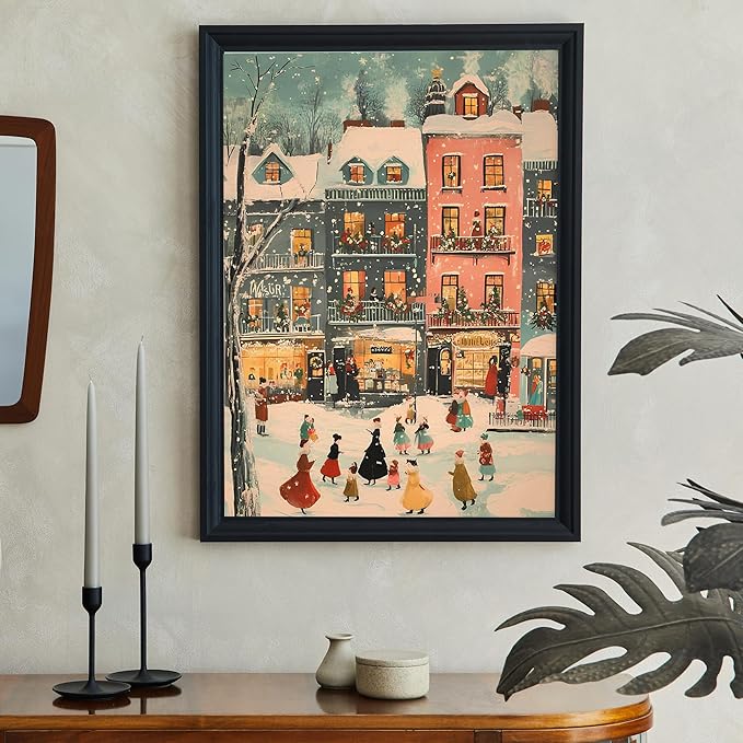 OZCONO Colorful Christmas Town Wall Art, Retro Winter Village Holiday Decor, Cozy Seasonal Farmhouse Accent, Snowy Scene for Festive Home Styling, Hello December Print (Unframed) (12x18)