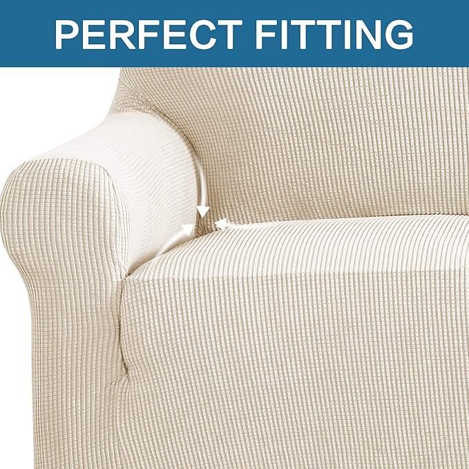H.VERSAILTEX Stretch Oversized Couch Cover 1 Piece Sofa Slipcovers for Living Room Feature Thick Checked Jacquard Fabric with Elastic Bottom, Sofa X-Large - Natural