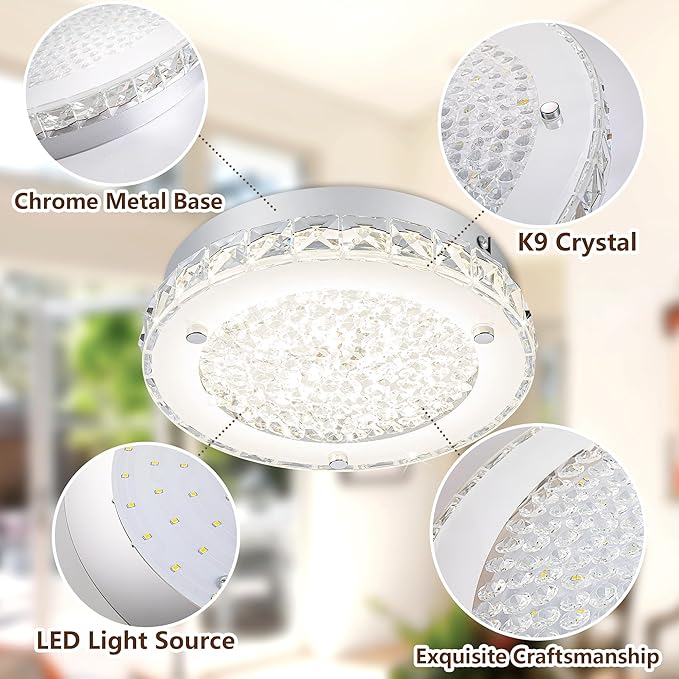 Modern Crystal Flush Mount Ceiling Light 4000K LED Flush Mount Crystal Ceiling Light Dimmable Small Chandelier for Bedroom Bathroom Staircase Dining Room Laundry Kitchen Foyer Hallway 8.3"