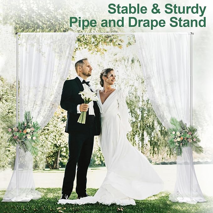 Heavy Duty Backdrop Stand, 8.5ft x 10ft Pipe and Drape Backdrop Stand Kit with Metal Flat Base, Adjustable Background Support System for Wedding Party Birthday Photoshoot Decoration - Silver