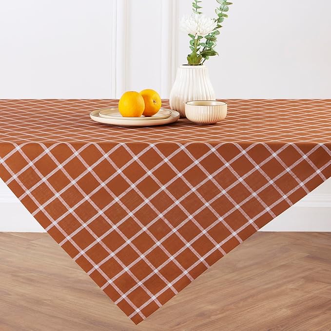 Solino Home Linen Plaid Tablecloth 52 x 52 Inch - 100% Pure Linen Windowpane Cinnamon Table Throw - Machine Washable Square Table Cloth for Fall, Autumn, Thanksgiving, Holiday