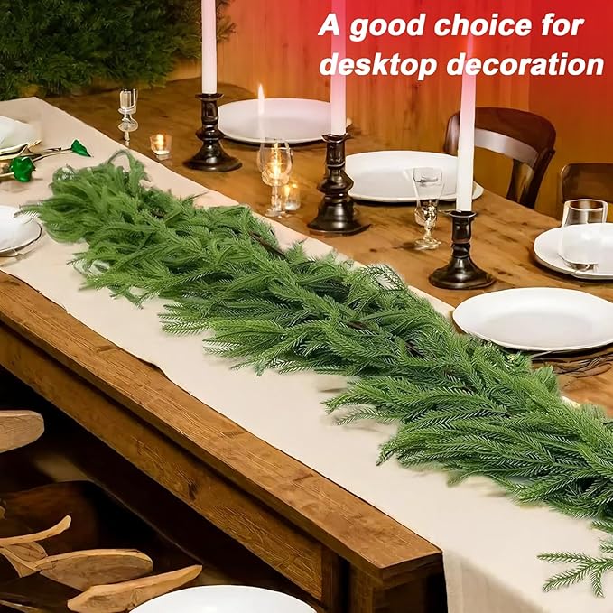 18FT(2 * 9FT) Christmas Norfolk Pine Garland, Real Touch Faux Green Garlands, Holiday Decor Winter Artificial Greenery Garland for Mantle, Stairs, Table, Fireplace, Indoor & Outdoor Xmas Decorations