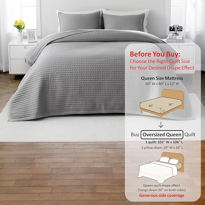 Oversized Queen Quilt Set – 102"x106" Soft Washed 3-Layer Lightweight Bedspread with Multi-Lock Quilting, Minimalist Nordic Bedding, All-Season Quilt Set for Spring & Summer, (1 Quilt + 2 Shams)Grey