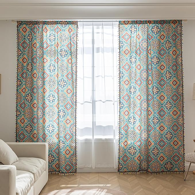 Boho Curtains Geometric Light Filtering Semi-Blackout Window Curtains 102 Inches Long Rod Pocket Drapes for Living Room 2 Panels-Geometric Blue