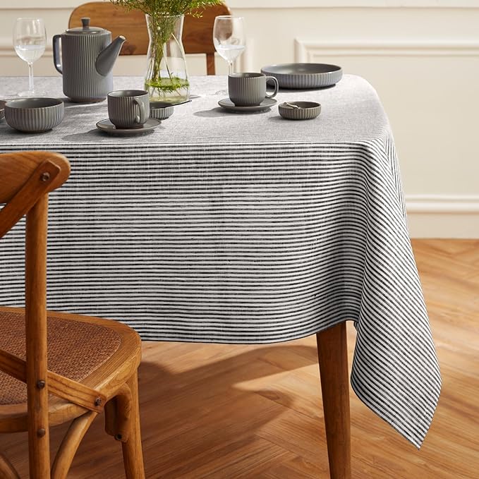 Solino Home Linen Striped Tablecloth 60 x 90 Inch - 100% Pure Linen Black and White Table Cloth for Rectangle Tables - Narrow Stripe, Machine Washable Tablecloth for Fall, Winter, Thanksgiving