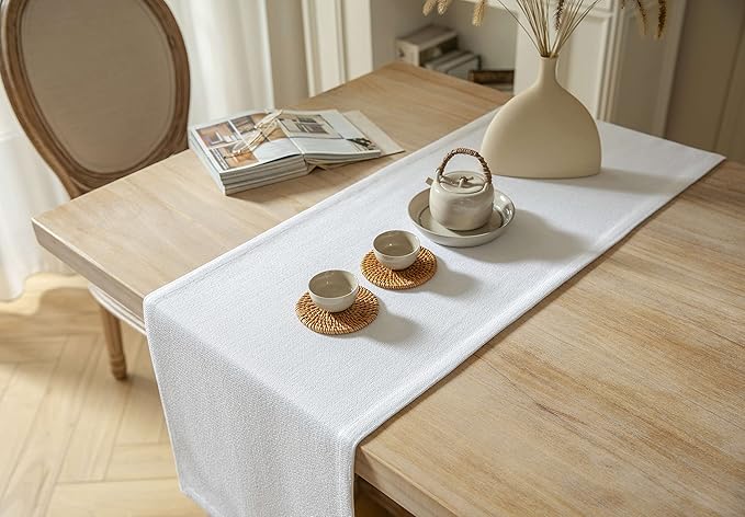 ZeeMart Burlap Style Farmhouse Table Runners 72 Inches Long, White Rustic Woven Dining Table Runner for Everyday Use, 14x72 Inches, White