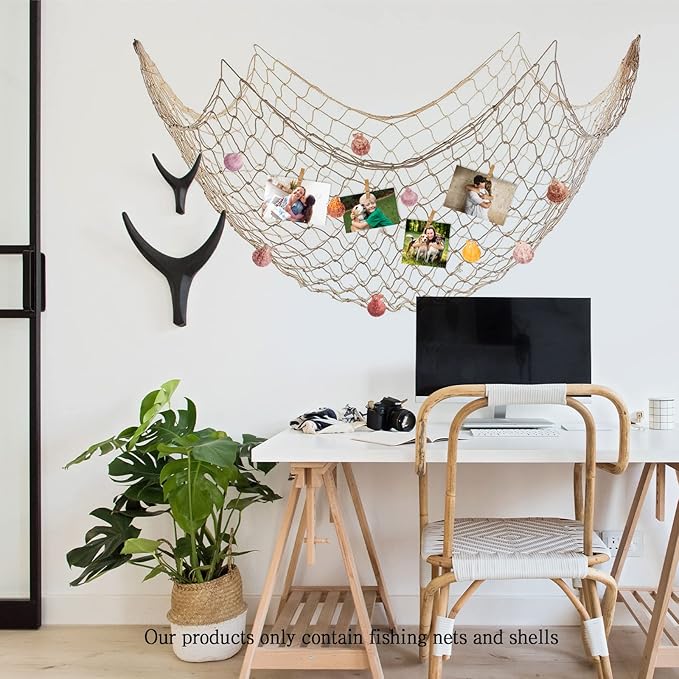 Fish Net Wall Decor with Shells - Fishing Net Decorative Nautical Mediterranean Style Cotton Photo Hanging Display Frame for Christmas Birthday Party Decorations Ornaments 79 x 40 Inch