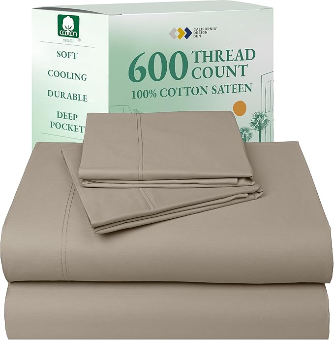 California Design Den Luxury Queen Size Sheet Set - 100% Cotton, 600 Thread Count Deep Pocket Queen Sheets, Hotel-Quality Bedding with Sateen Weave (Cool Taupe)