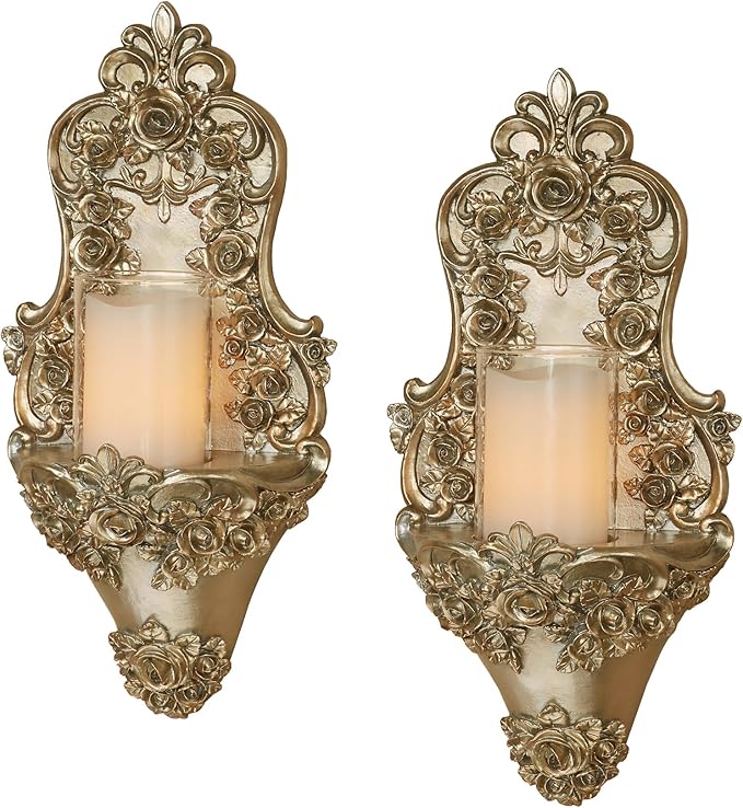 Touch of Class Victoria Rose Wall Candle Sconce Pair | Traditional Set of Two | Victorian Style Sconces for Bedroom, Bathroom, Kitchen Hallway, Movie Set | Elegant Candlholder