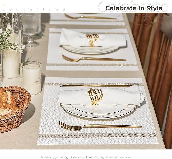 Leetaltree Luxury White Placemats with Gold Stripes Placemats Set of 8 - Waterproof Washable for Wedding, Anniversary, Daily Use - Sparkling Table Decor - Hand-Cut