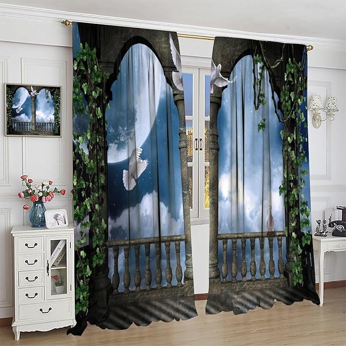 Gothic Castle Arch Blackout Curtains, Mid Century Balcony and Doves Vintage Style Rod Pocket Window Drapes, for Living Room Bedroom 26(W)*84(L) 2 Panels