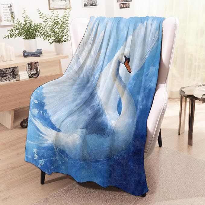 Graceful Swan Flannel Blanket 50x60 Inch - Elegant White Goose on Blue Lake Throw, Soft Plush Lightweight Gift for Women Adults