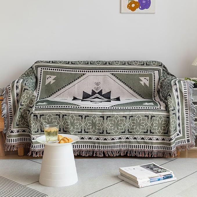 VClife Boho Sofa Cover XL Couch Cover for 3 Cushion Couch Sofa Sage Green Geometry Loveseat Cover for Dog Cotton Linen Furniture Protector Cover with Tassel Non-Slip Sectional Sofa Slipcover 71X134
