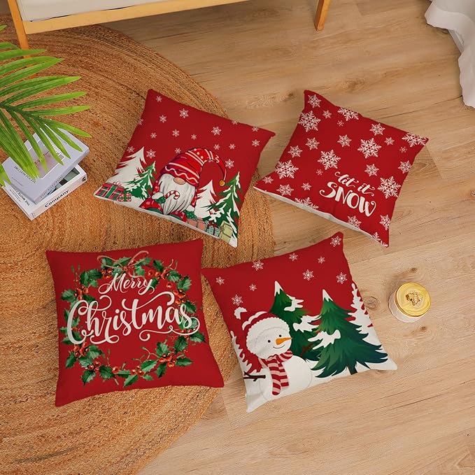 Neatee Living Christmas Pillow Covers 22x22 Set of 4 Red Xmas Vintage Throw Pillows Christmas Tree Gnome Snowman Pillow Cases Outdoor Sofa Couch Cushion Covers for Home Decorations (22 by 22)