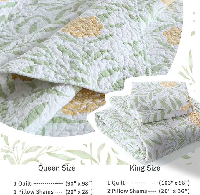 Homzard Queen Comforter Set for Bed Floral Quilt Queen size-100% Cotton Yellow,Green,sage Bedspreads (90 * 98 Inch) with 2 Pillow Shams, Lightweight Garden Bedding Spring and Summer Style