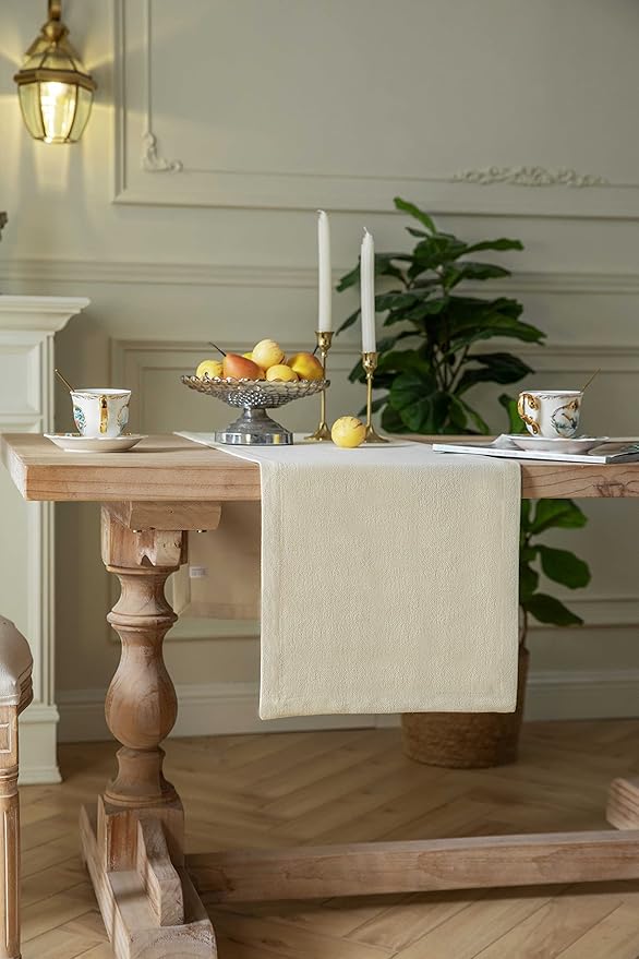 ZeeMart Burlap Style Farmhouse Table Runners 90 Inches Long, Cream Rustic Woven Dining Table Runner for Everyday Use, 14x90 Inches, Cream