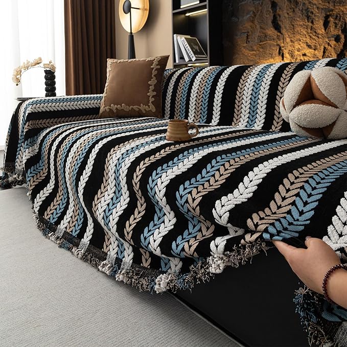 VClife Couch Cover for Sofa, Chenille Sofa Cover for Dog Modern Stripe Couch Cover for 3 Cushion Couch Sofa, Non Slip Furniture Protector Pet Couch Slipcover with Tassel, Black, 71''x134''