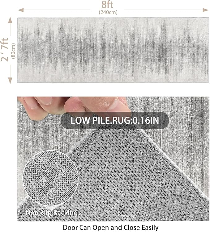 Enkor Runner Rugs for Hallway, 2'7"x8 Washable Soft Non Slip Abstract Rugs for Kitchen, Modern Mat for Entryway Living Room Bedroom White & Grey