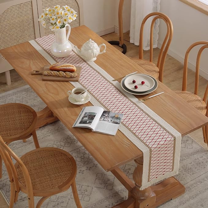 Boho Burlap Macrame Table Runner, Farmhouse Style Cotton Linen Rustic Woven Table Runner with Tassels for Dining, Wedding, Bridal Shower, Bohemian (12x108 inch, Red Grid)
