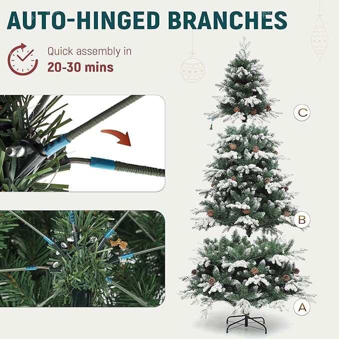 YITAHOME 6FT Prelit Christmas Tree with Remote Control, Hinged Artificial Pre-Decorated Tiered Flocked Christmas Tree w/ 900 PE & PVC Mixed Frosted Tips, 29 Pinecones, w/ 11 Lighting Modes & 3 Timers
