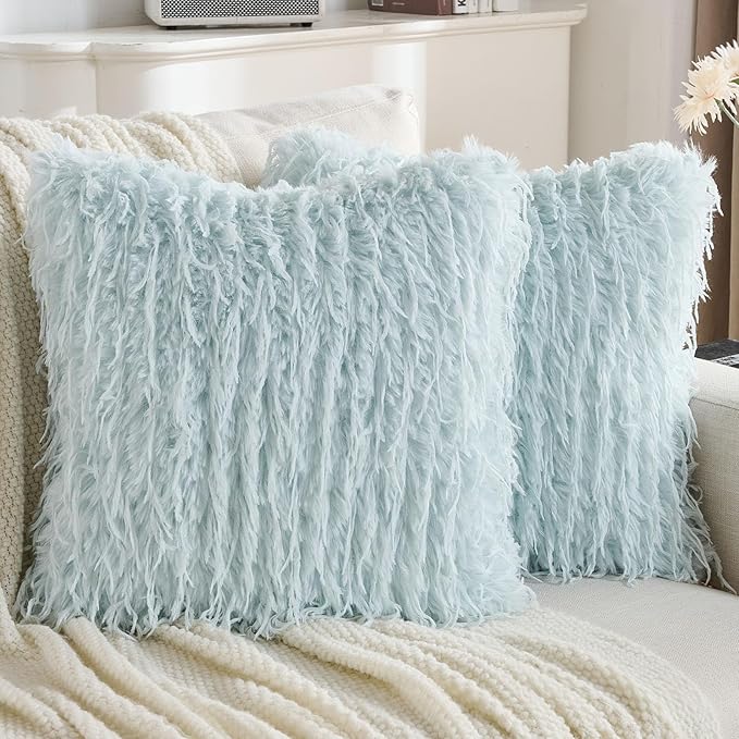 FUTEI Light Blue Decorative Throw Pillow Covers 16x16 Inch Set of 2,Soft Fluffy Faux Feather Texture Cushion Cases,Modern Home Luxury Decor for Couch Bed Living Room