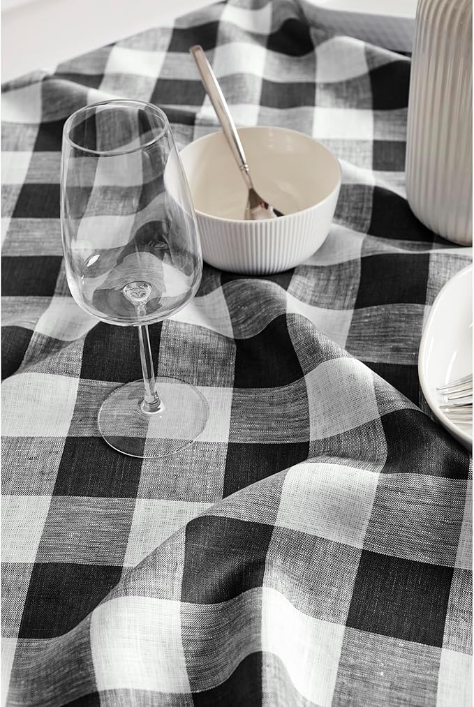 Solino Home Linen Checkered Tablecloth 52 x 52 Inch - 100% Pure Linen Black and White Buffalo Plaid Square Tablecloth - Machine Washable Table Throw for Fall, Autumn, Winter, Thanksgiving