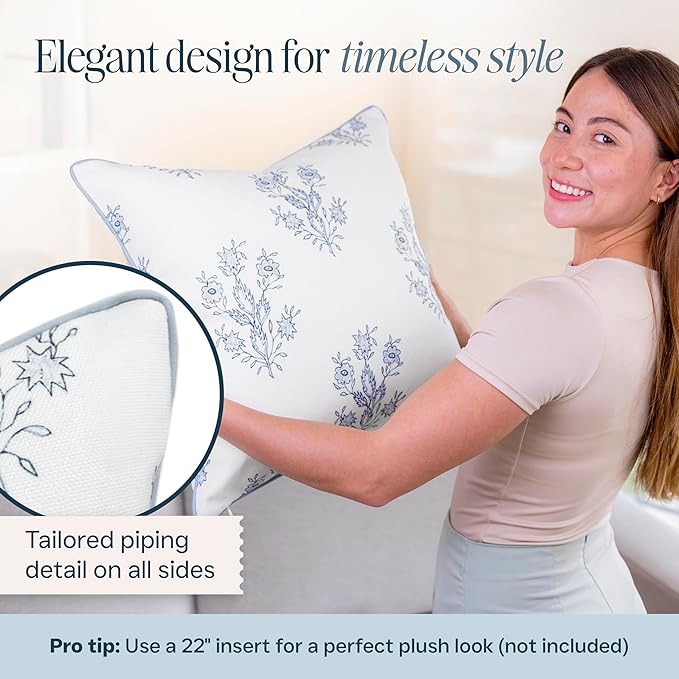 “The Mary” Periwinkle Floral Block Print Pillow Cover – Blue and White Decorative Throw Pillow Cover – Grandmillennial Home Decor, 19" x 19"