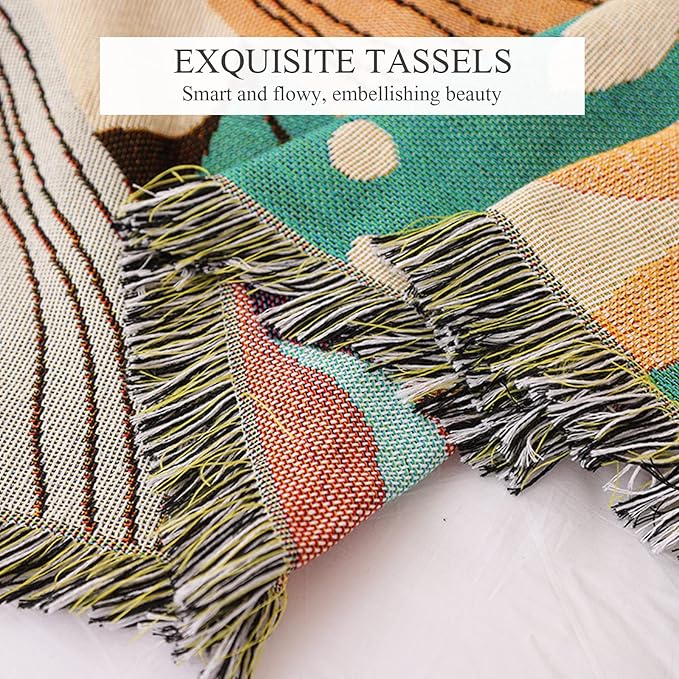 Double-Sided Cotton Woven Throw Blanket with Tassel Jungle Bohemian Style Tapestry Shawl Multi-Function Decorative Throws for Sofa Bed Armchair Camping Blanket Tablecloth Carpet 160x130cm